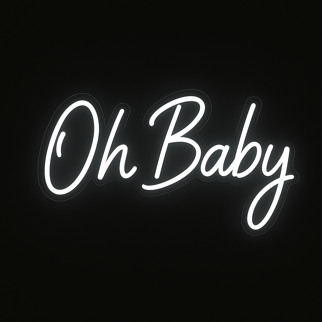 Oh Baby neon sign in LED flex with acrylic backing on black background – perfect for baby showers, gender reveals, and nursery wall décor