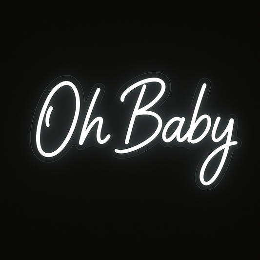 Oh Baby neon sign in LED flex with acrylic backing on black background – perfect for baby showers, gender reveals, and nursery wall décor