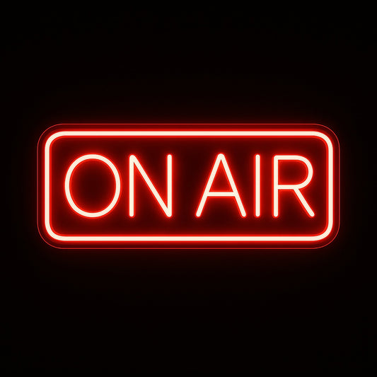 ON AIR neon sign in red LED flex with acrylic backing on black background – ideal for podcasts, livestreams, and studio setups