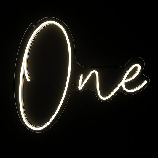 One neon sign in white LED flex with acrylic backing on black background – ideal for 1st birthday party backdrops and baby milestones