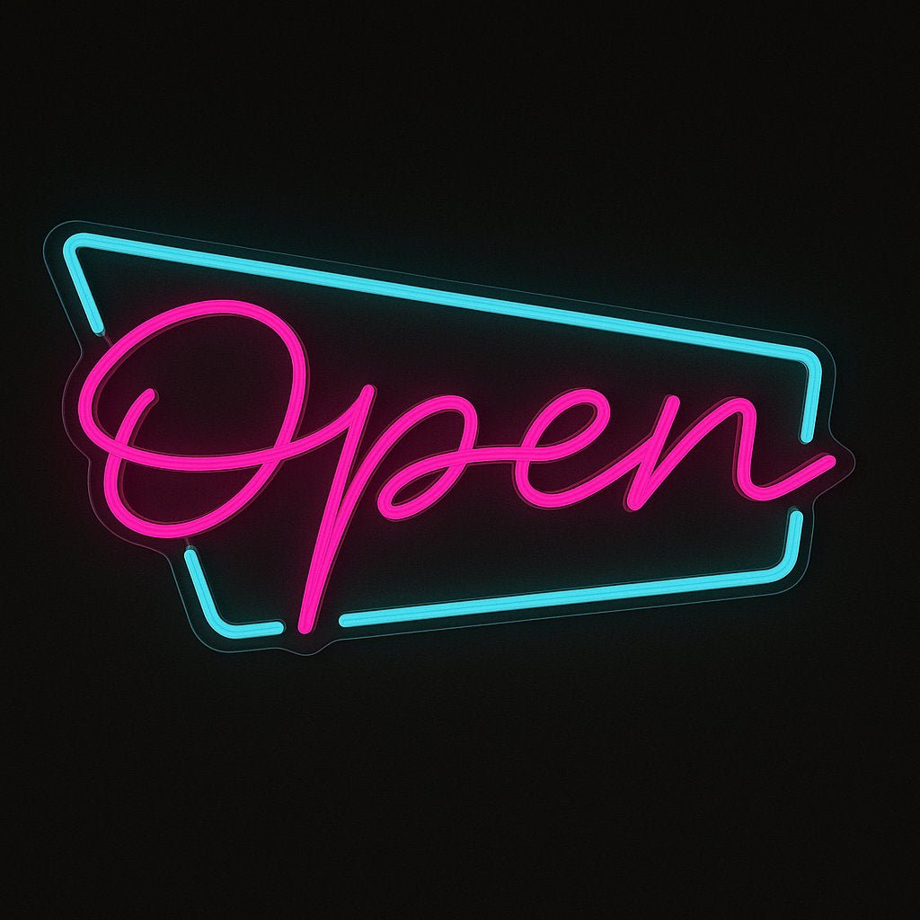 Open neon sign in pink LED flex with angular blue border on acrylic backing and black background – perfect for business visibility