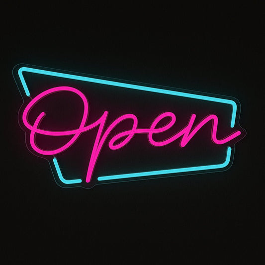 Open neon sign in pink LED flex with angular blue border on acrylic backing and black background – perfect for business visibility