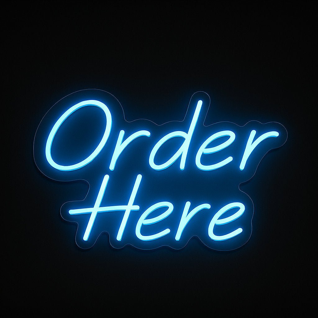 Order Here neon sign in LED flex with acrylic backing on black background – ideal for cafés, stalls, and service counters