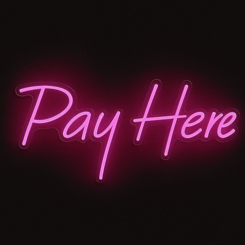 Pay Here neon sign in LED flex with acrylic backing on black background – ideal for tills, counters, and retail payment stations
