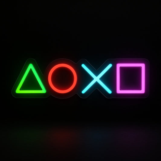 PlayStation controller button symbols neon sign in LED flex with cut-to-shape acrylic backing on black background – ideal for gaming décor and setups