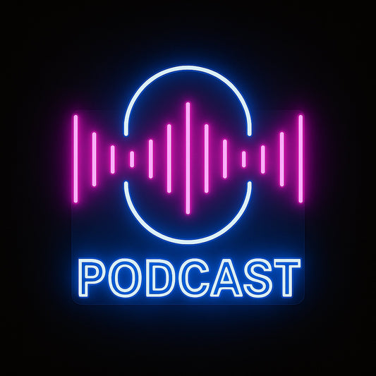 PODCAST neon sign in blue and pink LED flex with acrylic backing on black background – ideal for podcasters, streamers, and studio setups
