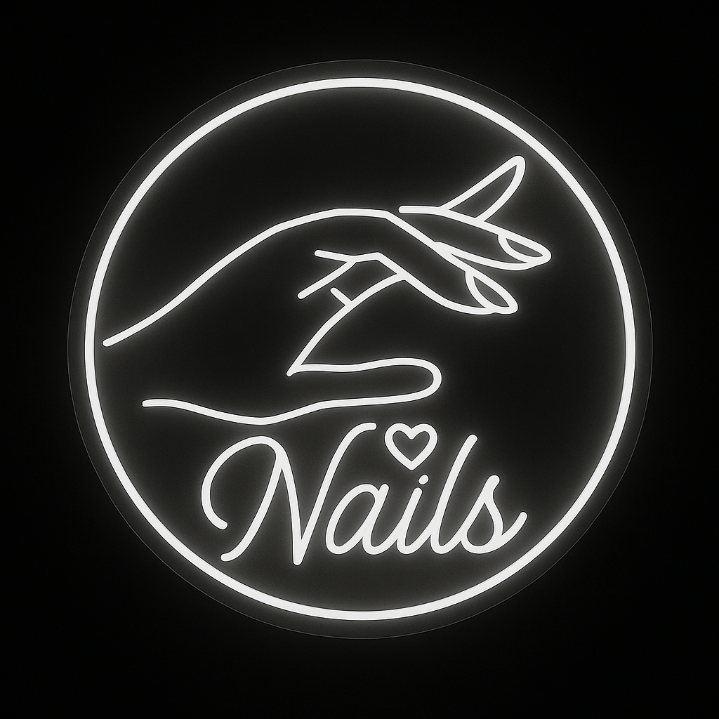 Round neon sign with hand illustration and the word Nails in white LED on acrylic backing, perfect for nail salons and studio branding.