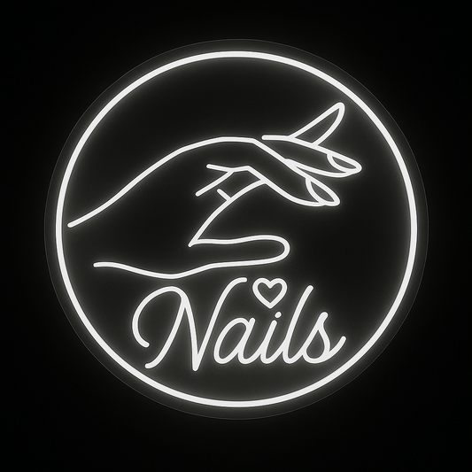 Round neon sign with hand illustration and the word Nails in white LED on acrylic backing, perfect for nail salons and studio branding.