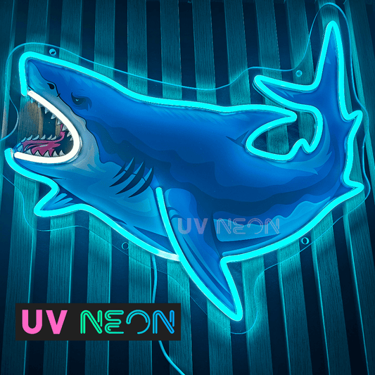 Shark UV neon sign in LED flex with acrylic backing on black background – glowing blue ocean-themed wall light with cartoon shark design