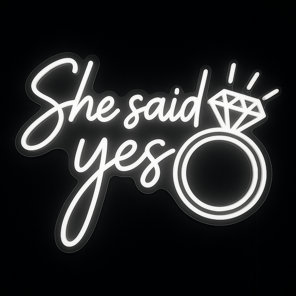 She Said Yes white LED neon sign with diamond ring on cut-to-shape acrylic for engagement or wedding décor