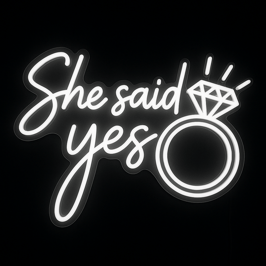 She Said Yes white LED neon sign with diamond ring on cut-to-shape acrylic for engagement or wedding décor