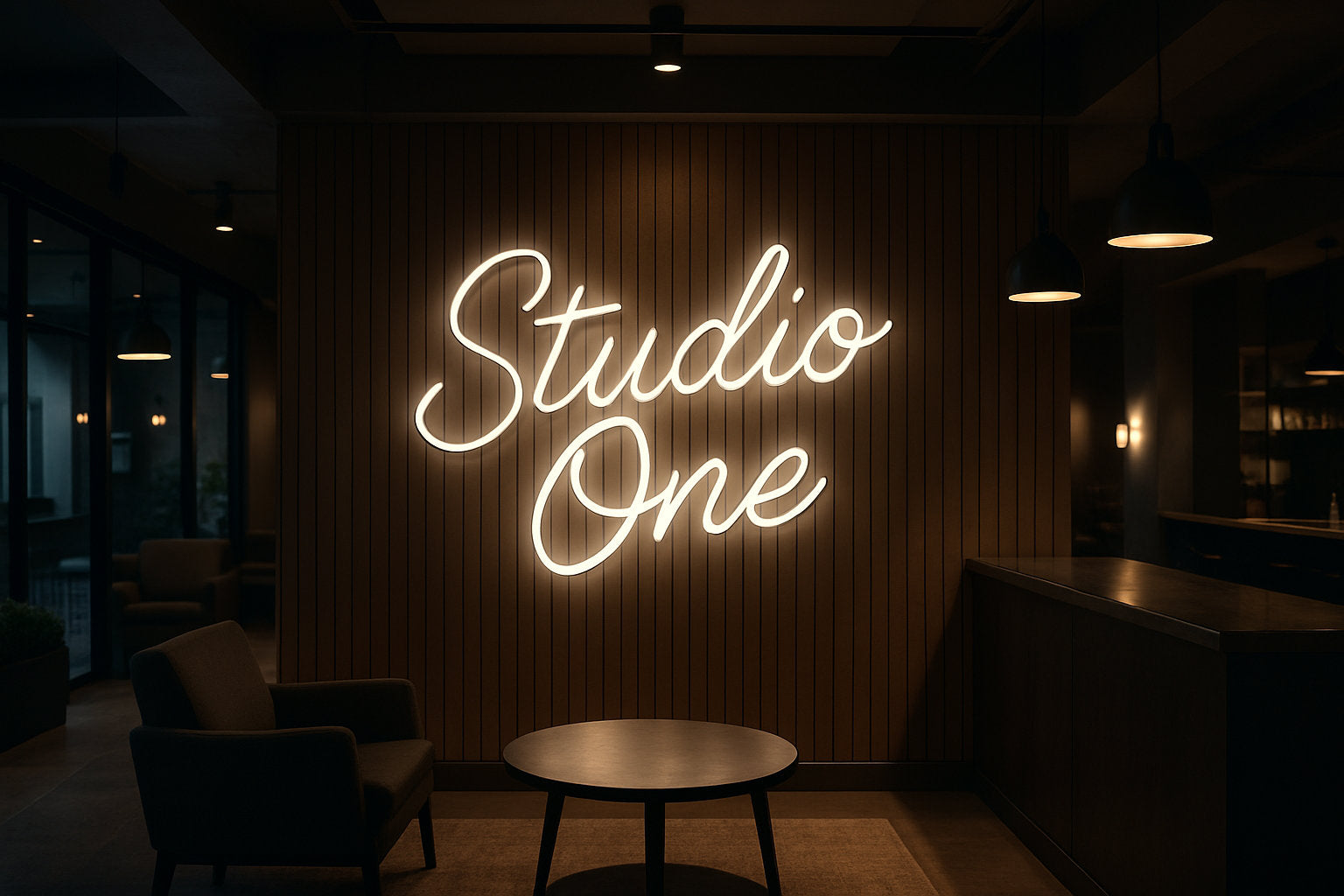 LED neon sign reading Studio One mounted on a wooden wall inside a modern business interior.