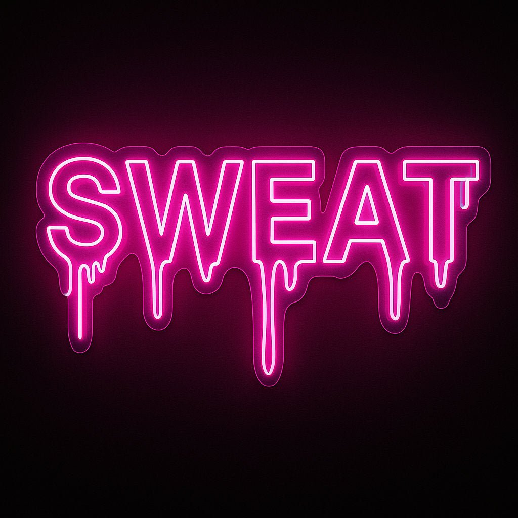 SWEAT neon sign in pink LED flex with dripping letter design and acrylic backing on black background – ideal for gym décor and fitness spaces