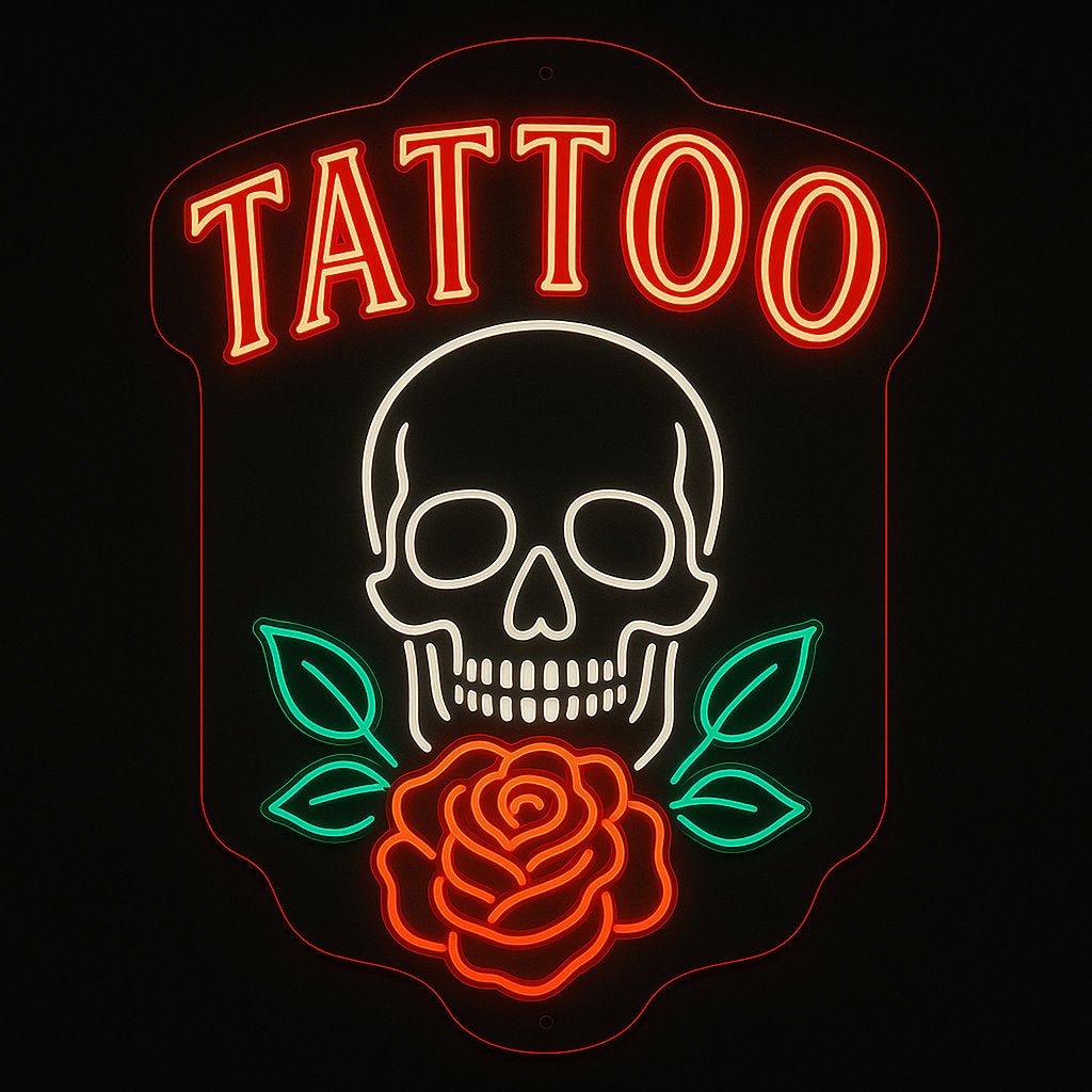 Tattoo neon sign with skull and rose in LED flex on acrylic backing – bold flash art style, perfect for studios and alternative wall décor.