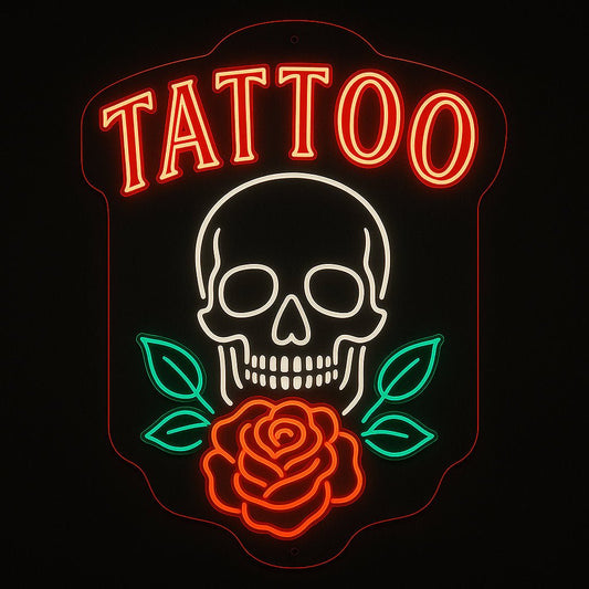 Tattoo neon sign with skull and rose in LED flex on acrylic backing – bold flash art style, perfect for studios and alternative wall décor.