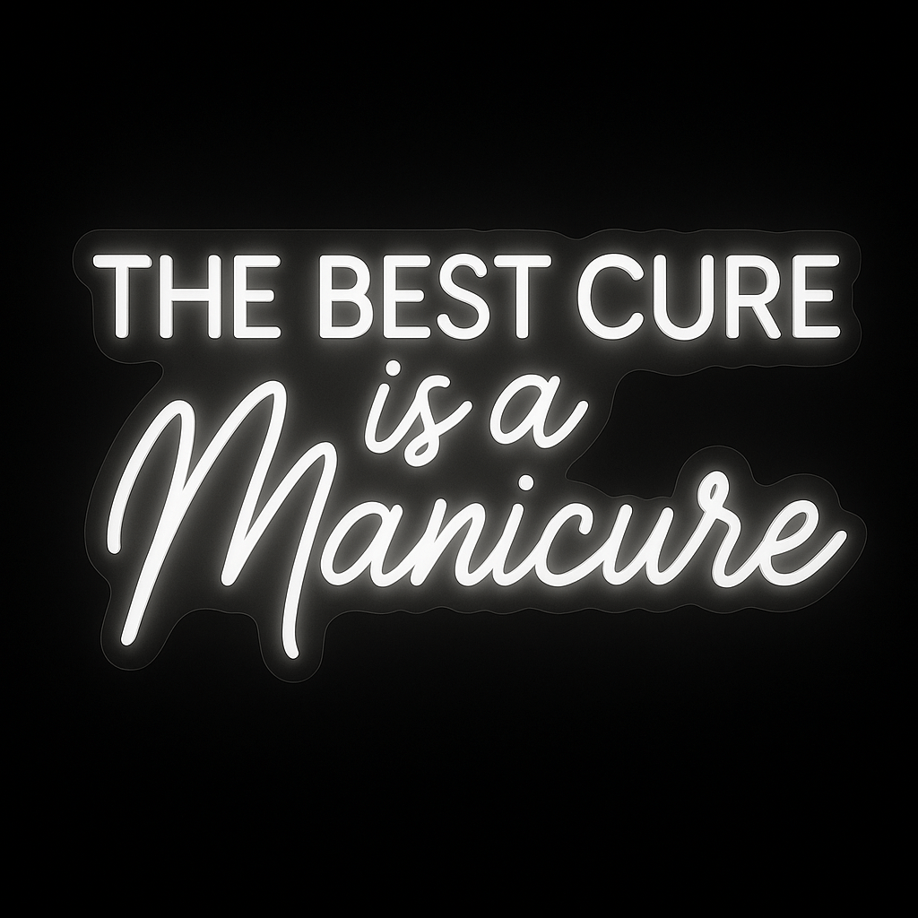 The Best Cure Is a Manicure neon sign in white LED on cut-to-shape acrylic backing, perfect for nail salon wall decor.