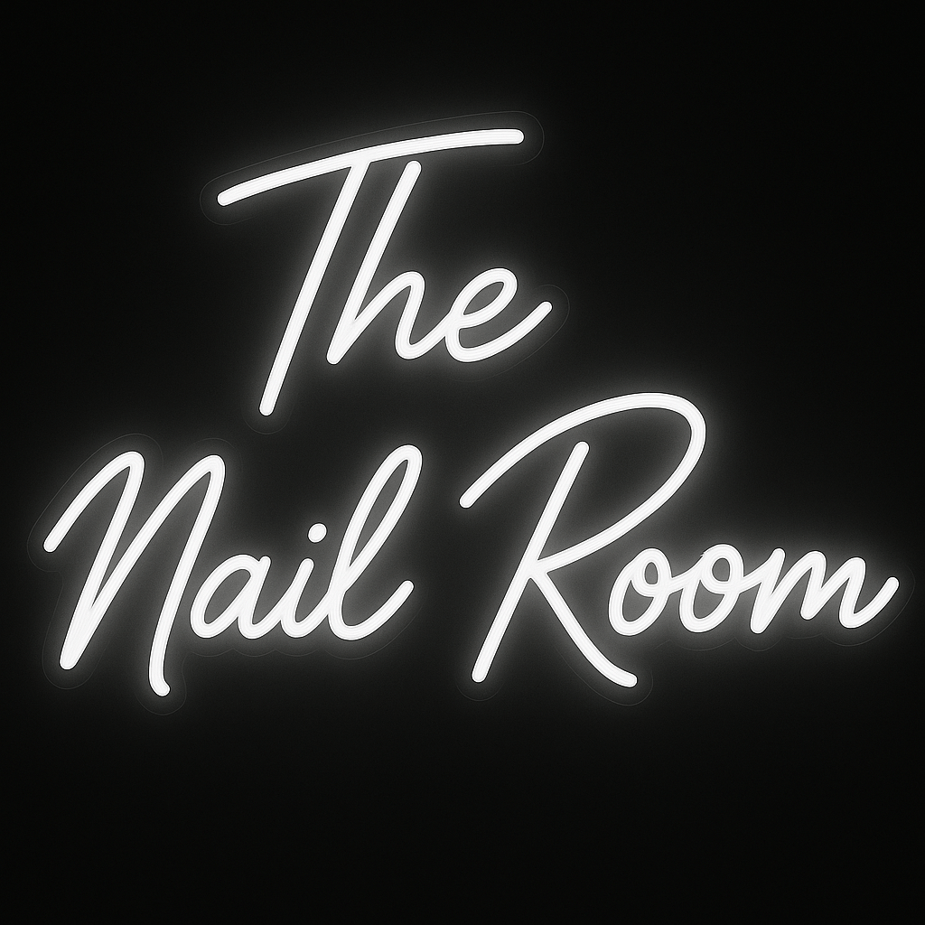 The Nail Room neon sign in bright white LED with acrylic backing, ideal for nail salons and premium beauty spaces.
