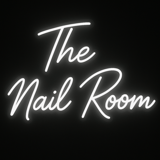 The Nail Room neon sign in bright white LED with acrylic backing, ideal for nail salons and premium beauty spaces.
