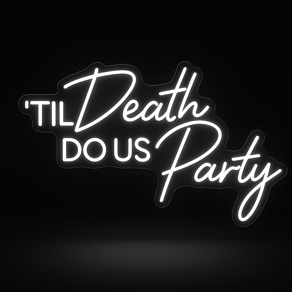 'Til Death Do Us Party white neon sign on acrylic for weddings and events