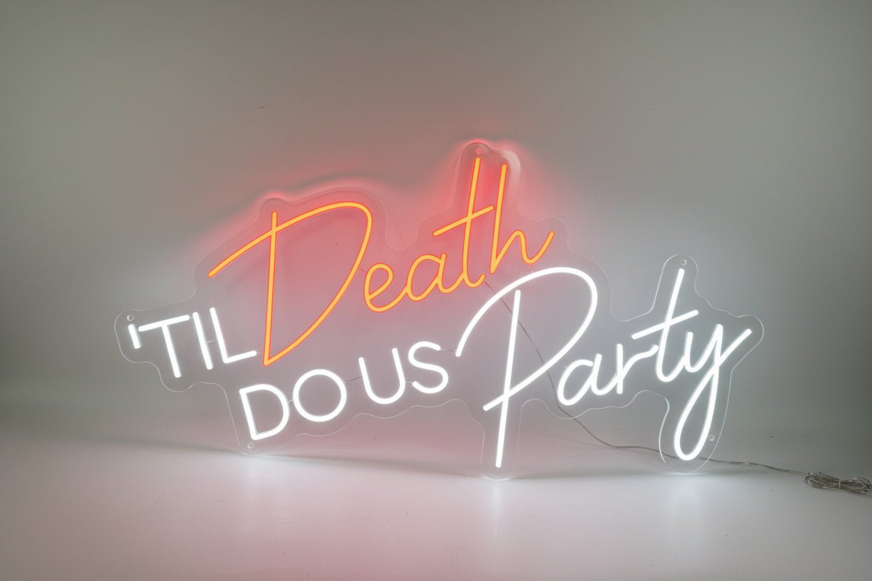 Modern red and white dual-tone neon sign reading Til Death Do Us Party, ideal for wedding reception dance floors and backdrops.