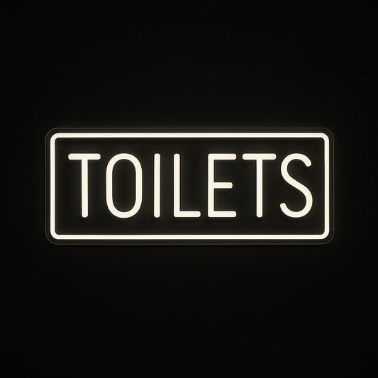 TOILETS neon sign with rectangular LED flex design and acrylic backing on black background – ideal for washrooms in restaurants, bars, and shops
