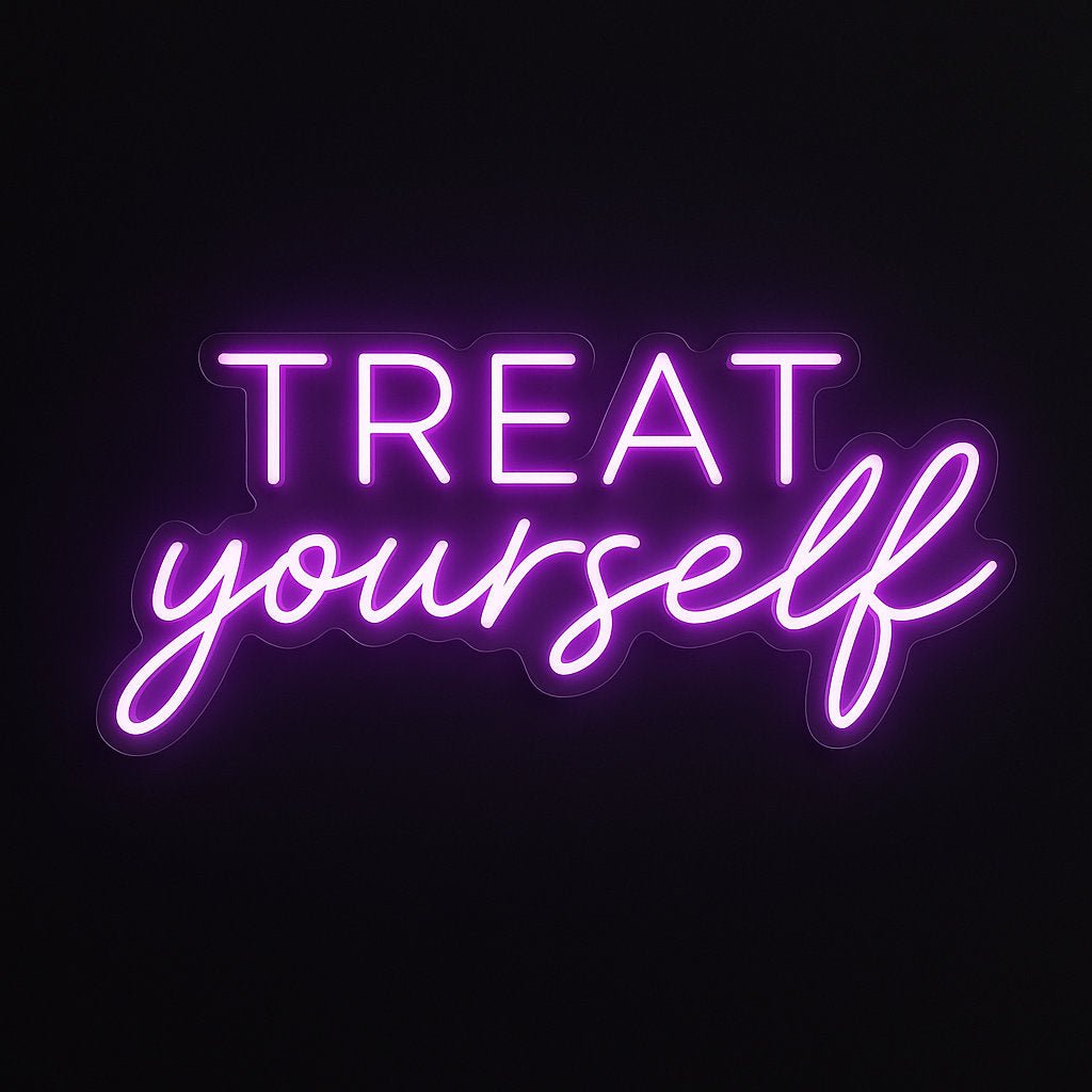 Treat Yourself neon sign in purple LED flex with cut-to-shape acrylic backing on black background – ideal for bakeries, dessert tables, catering vans, and sweet setups