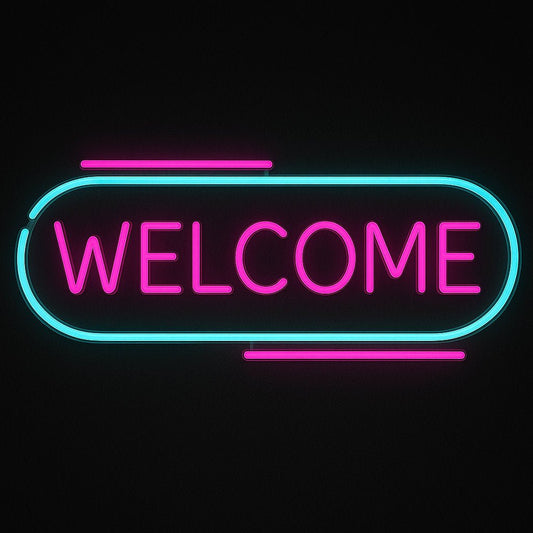 WELCOME neon sign in pink and blue LED flex with rounded acrylic backing on black background – ideal for shop entrances and reception areas