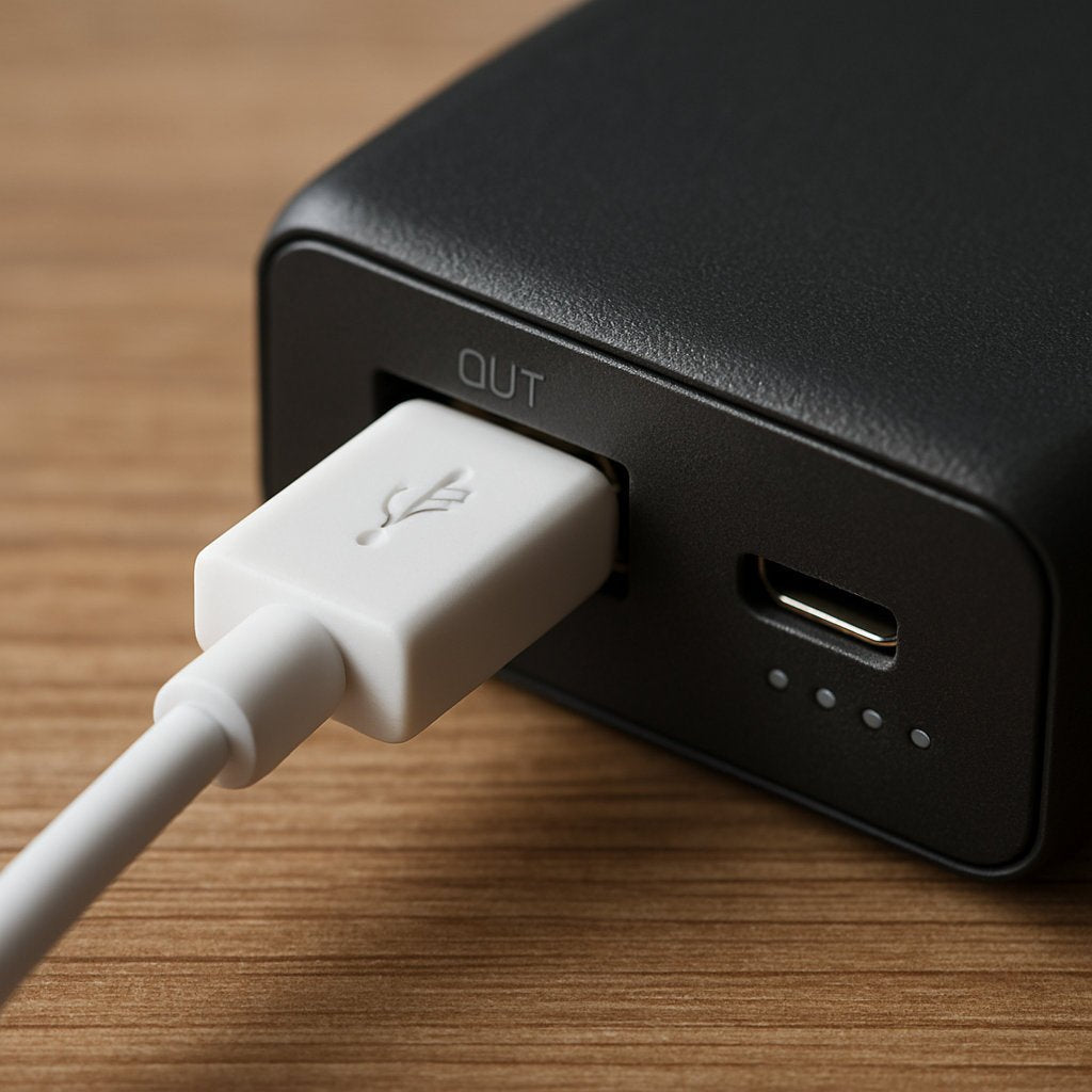 USB Type-A cable connected to a power bank used to power small LED neon signs