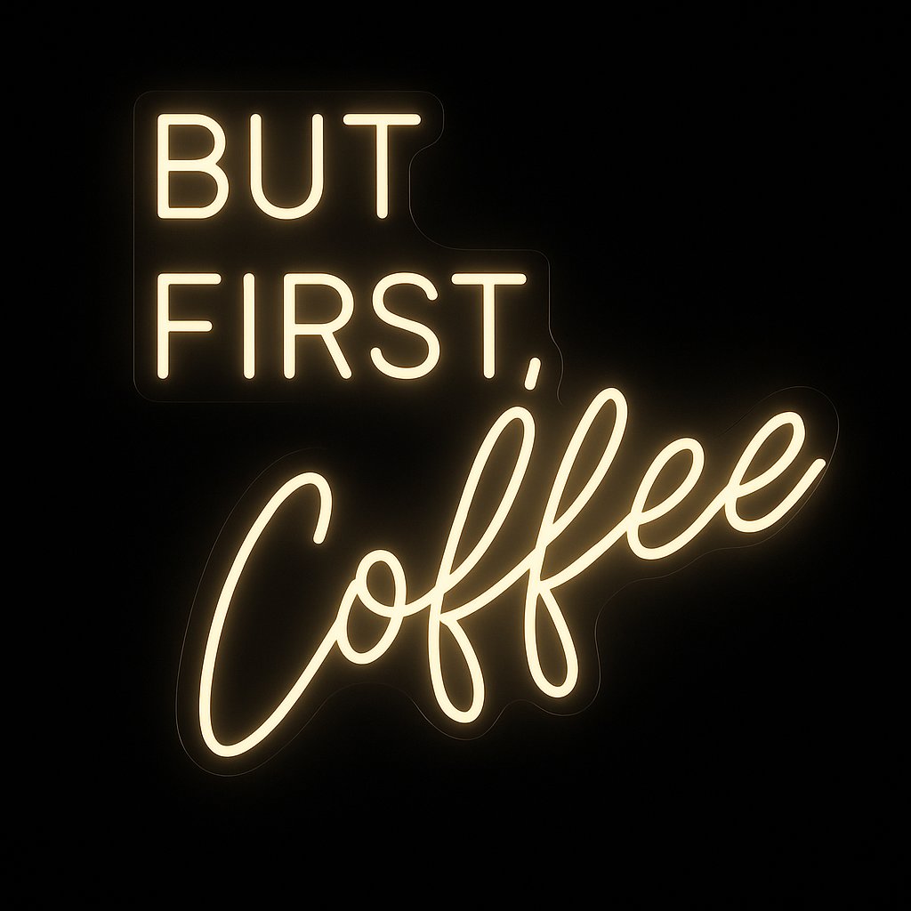 Warm white neon sign reading 'But First, Coffee' in bold and script fonts on a black background, ideal for cafés and hospitality décor