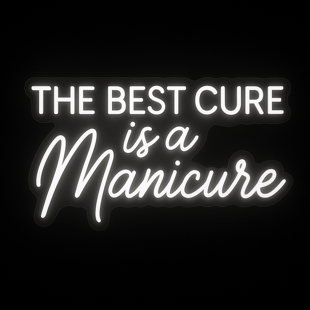 White LED 'The Best Cure Is a Manicure' neon sign on a custom-cut acrylic backing — a must-have statement piece for any nail salon wall.