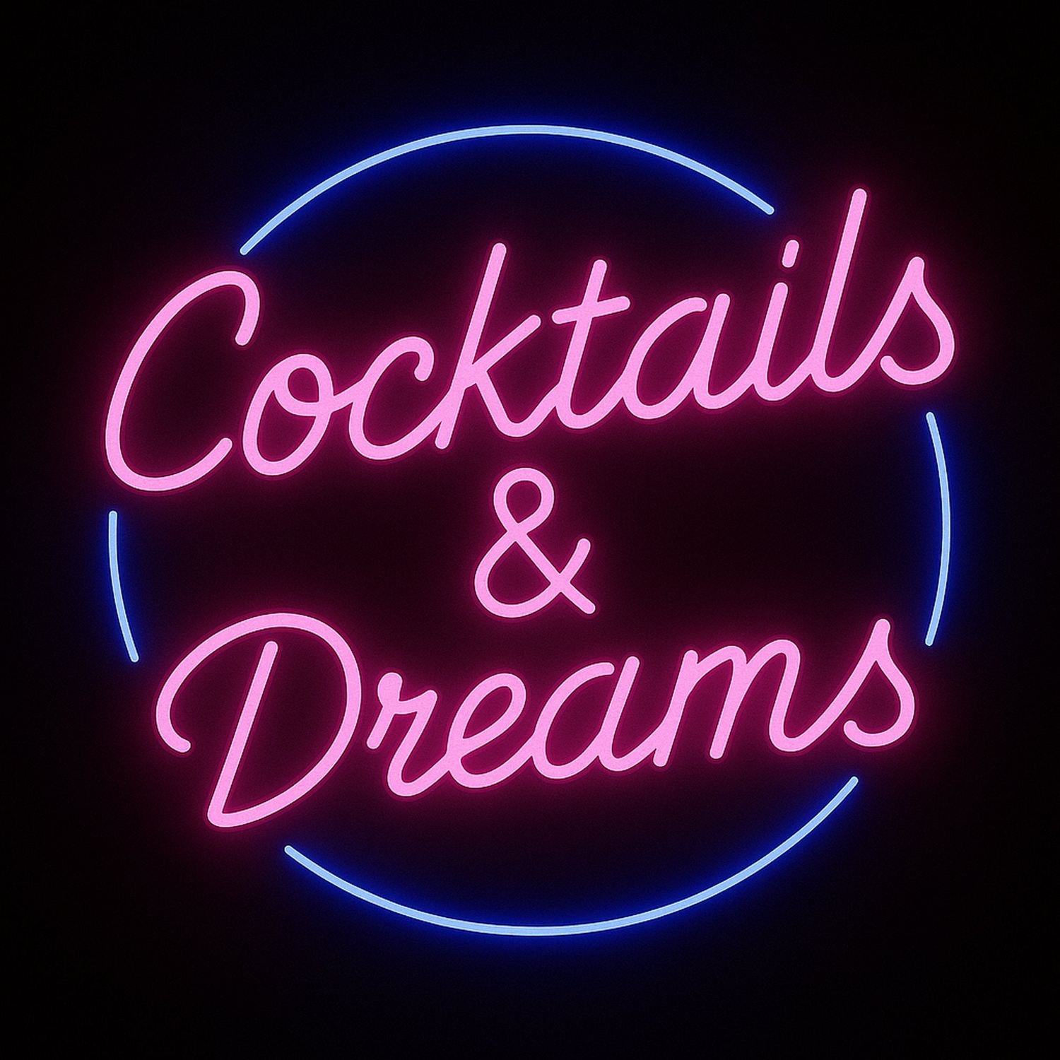Cocktails & Dreams neon sign in pink and blue LED flex with acrylic backing on black background – ideal for bars, events, and home décor