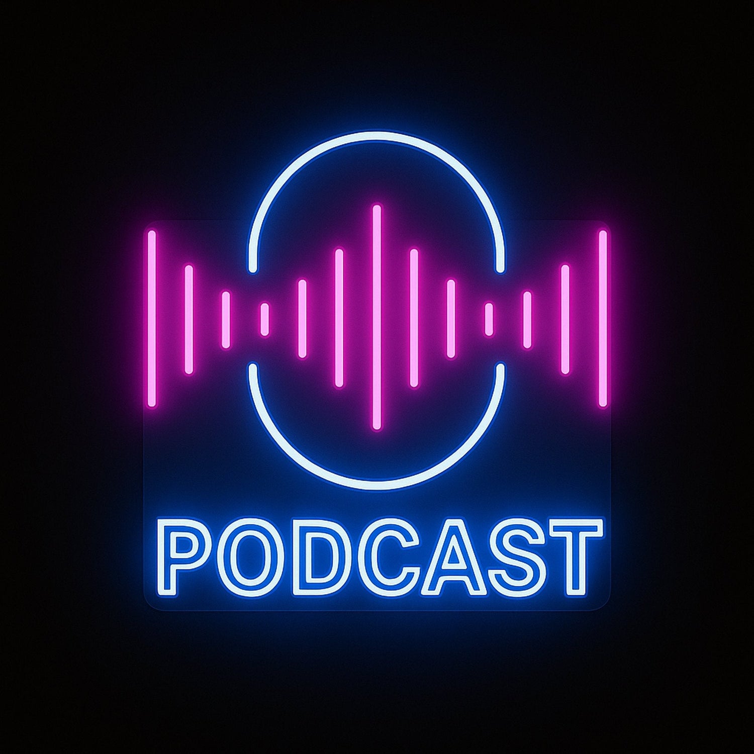 PODCAST neon sign in blue and pink LED flex with acrylic backing on black background – ideal for podcasters, streamers, and studio setups