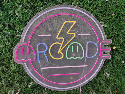 Arcade retro gaming neon sign switched off showing pixel-style maze gaming design with lightning bolt on clear acrylic panel