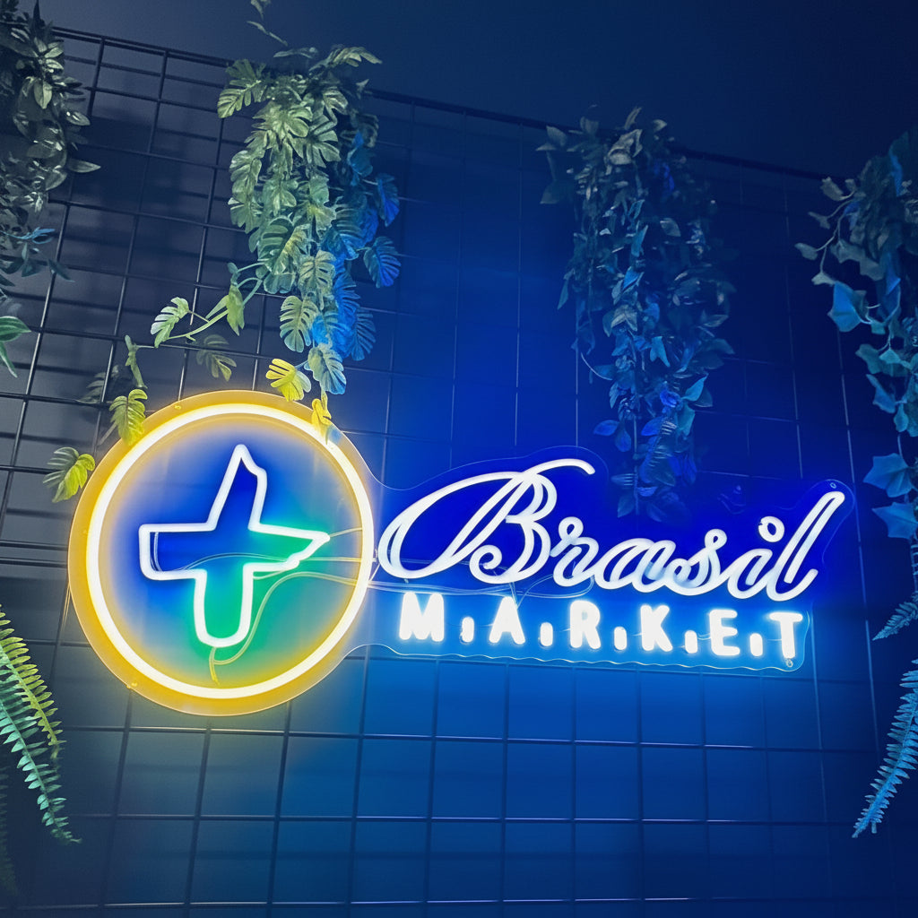 Custom business logo LED neon sign designed for Brasil Market in Manchester, showcasing illuminated blue text and a yellow circular logo.
