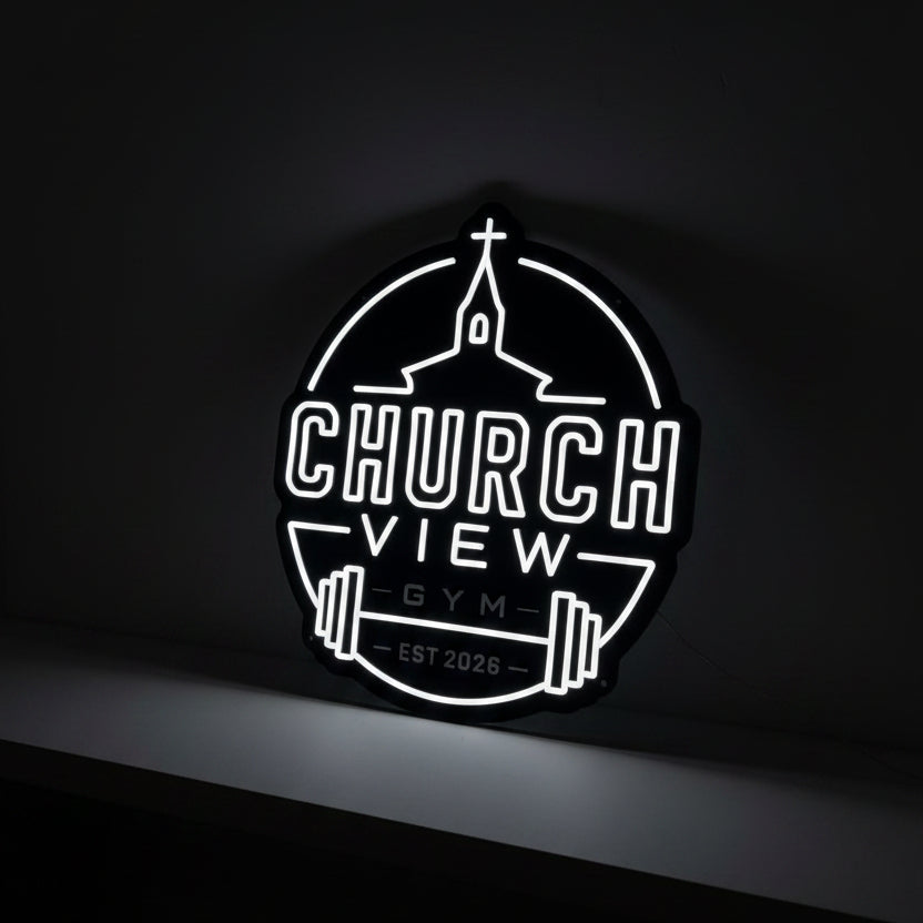 Custom gym logo neon sign for Church View Gym with church steeple and barbell design, white LED neon on black backing