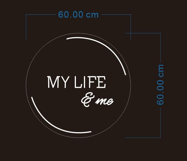 Custom LED neon podcast logo mockup design for My Life & Me featuring white circular frame with script text, 60cm dimensions shown