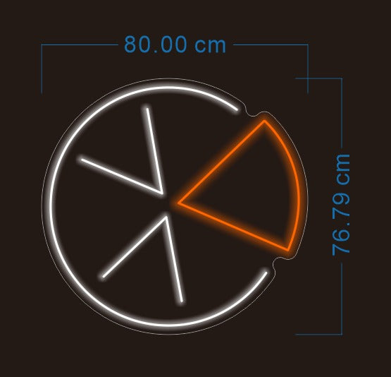 LED neon pizza logo design mockup showing white and orange neon with dimensions, custom business signage for restaurants and takeaways UK