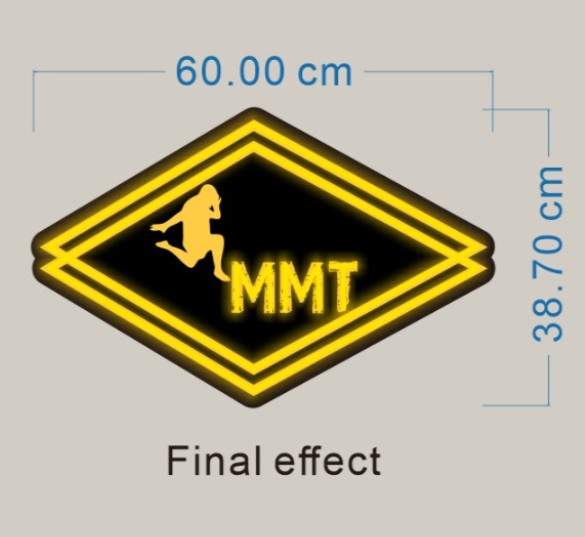 A custom yellow and black LED flex neon gym sign mockup for 'MMT' Muay Thai kickboxing, featuring a silhouette of a fighter in a diamond-shaped frame with technical dimensions.