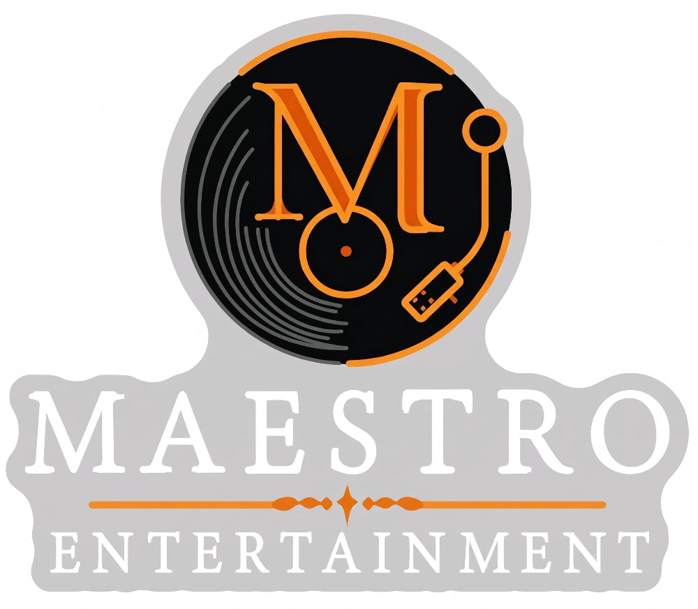 Mockup of a custom DJ logo neon sign for Maestro Entertainment, a vinyl record and turntable logo with the letter M in orange LED neon, cut to shape on clear acrylic