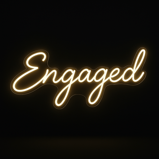 Engaged neon sign in LED flex with acrylic backing on black background – perfect for engagement parties and bridal décor