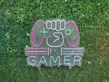 Gamer neon sign switched off showing hand holding gaming controller design with GAMER text on clear acrylic panel