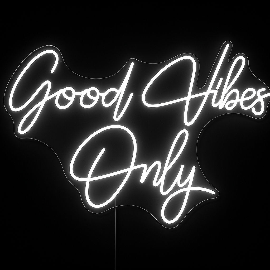Good Vibes Only neon sign in LED flex with acrylic backing on black background – perfect for events, weddings, and party décor