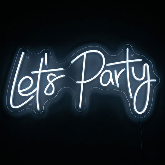 Cold white LED flex neon sign featuring "Let's Party" in modern calligraphy, mounted on clear acrylic for weddings, events, and party wall decor.