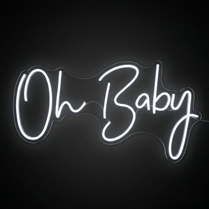 Cold white LED "Oh Baby" neon light in elegant calligraphy, ideal for gender reveal backdrops, baby shower photo booths, and nursery wall decor.