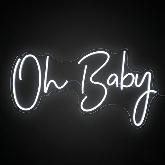 Cold white LED "Oh Baby" neon light in elegant calligraphy, ideal for gender reveal backdrops, baby shower photo booths, and nursery wall decor.