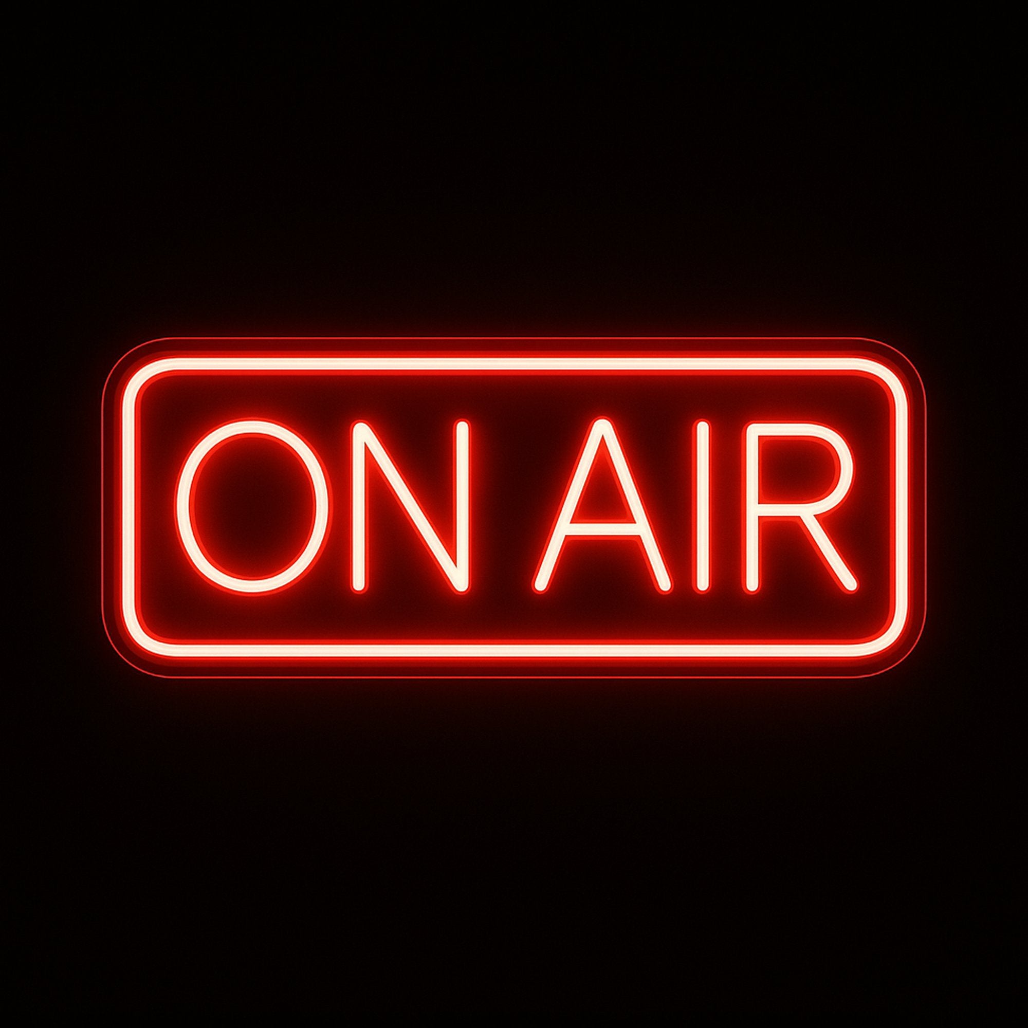ON AIR neon sign in red LED flex with acrylic backing on black background – ideal for podcasts, livestreams, and studio setups