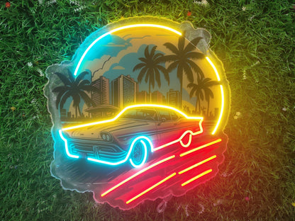 Retro car Miami sunset neon sign illuminated with multicolour LED showing UV printed palm trees skyline and sports car on clear acrylic
