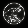 Round neon sign with hand illustration and the word Nails in white LED on acrylic backing, perfect for nail salons and studio branding.