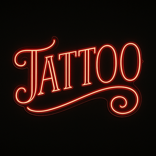 Tattoo neon sign in red LED flex with acrylic backing on black background – perfect for tattoo studios, events, and alternative décor.