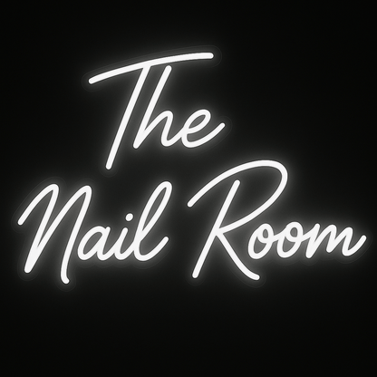 The Nail Room neon sign in bright white LED with acrylic backing, ideal for nail salons and premium beauty spaces.